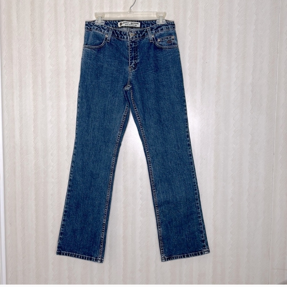 VINTAGE 90s Harley Davidson Jean's Boot cut Dark Stonewash Distressed Size 10.